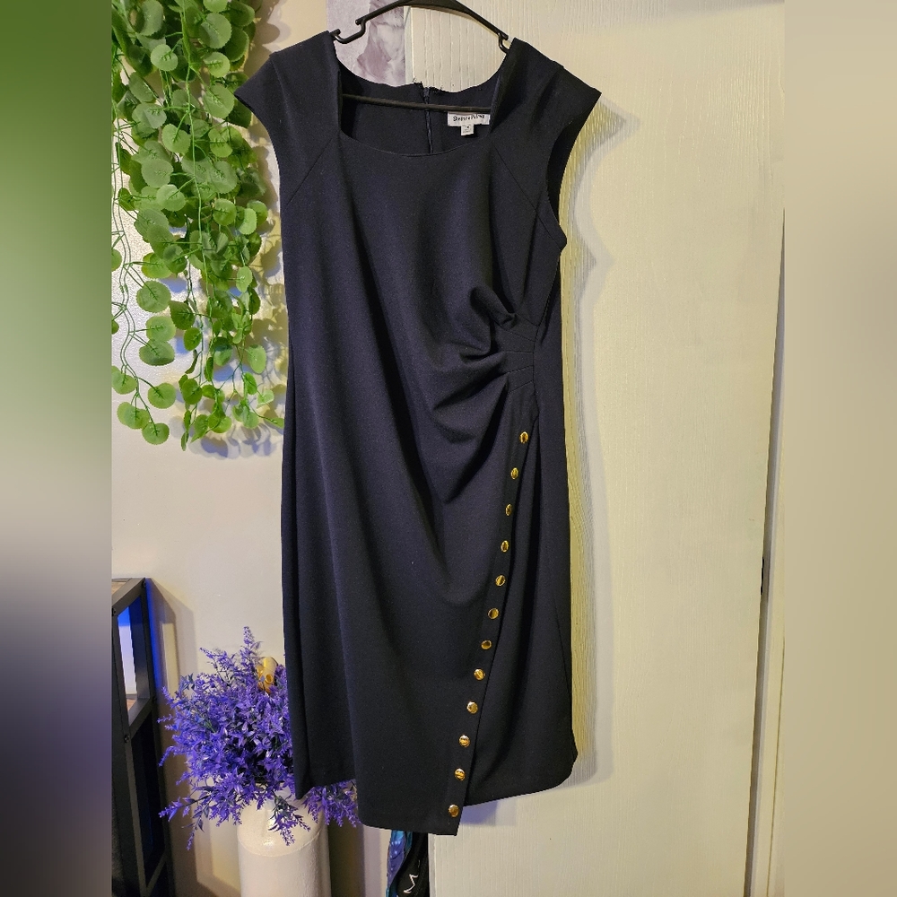Shelby and palmer navy blue rouched dress with gold button accents size 14